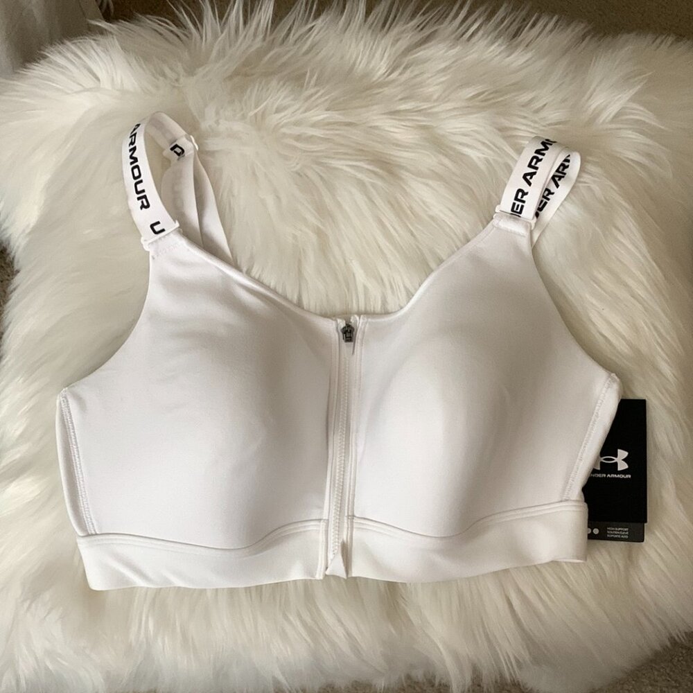 Under Armour White Front-Zip High-Impact Sports Bra with Logo Straps